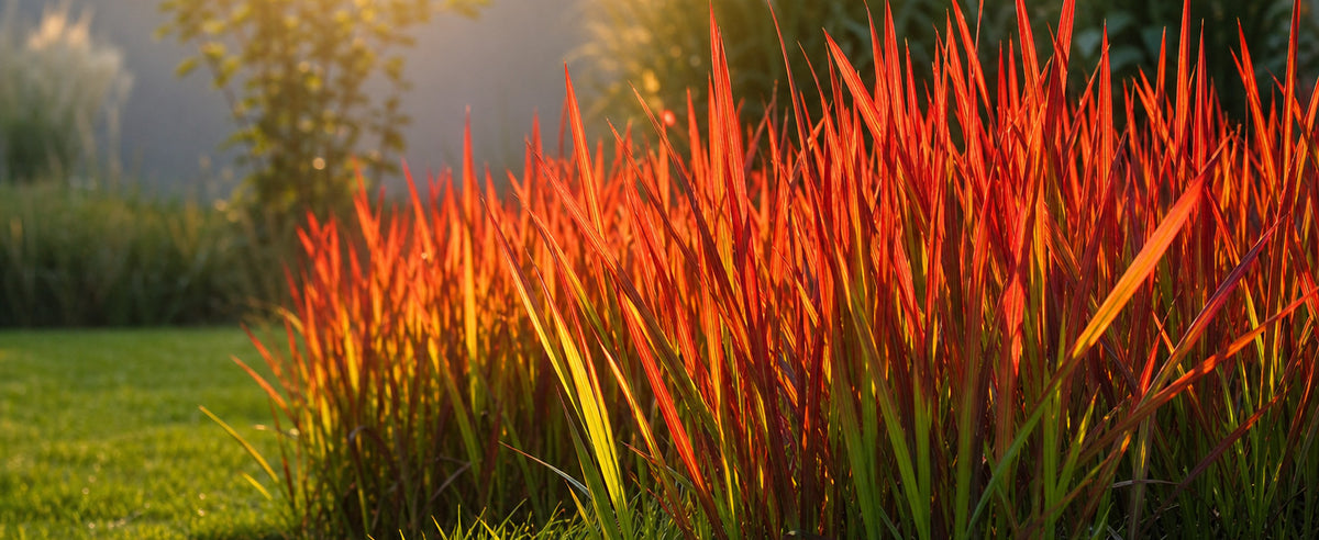 Rote Halme des Japanischen Blutgrases Imperata cylindrica 'Red Baron' leuchten im warmen Abendlicht am Rasenrand