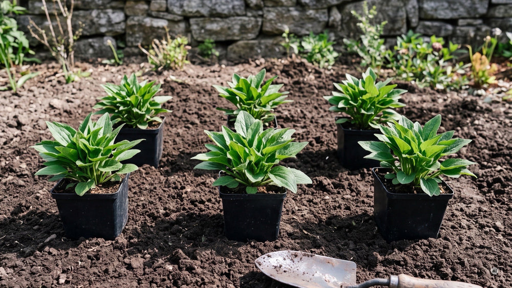 Junge Sonnenhüte im 9 x 9 cm Topf auf einem vorbereiteten Beet, bereit zum Pflanzen