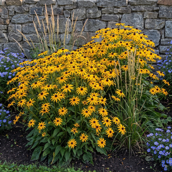Sonnenhut 'Goldsturm' in voller Blüte vor einer Feldsteinmauer