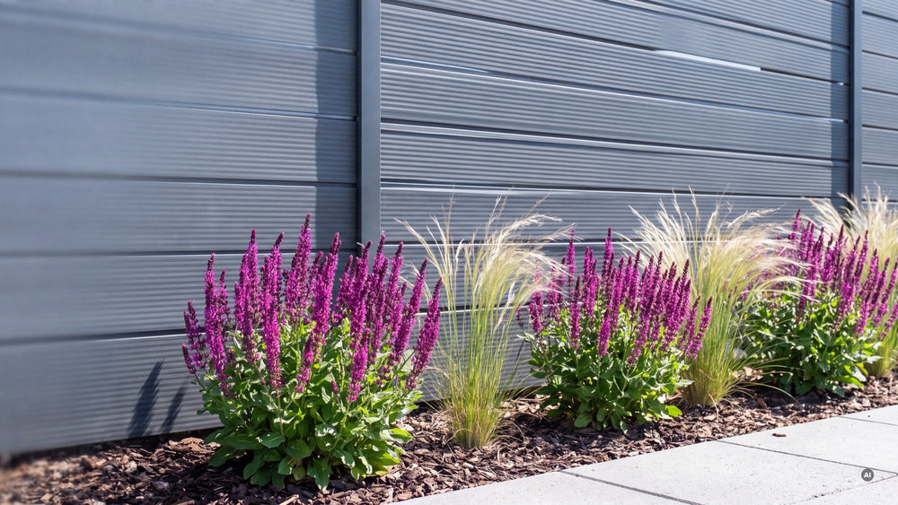 Steppensalbei 'Sensation Pink' mit Federgras im sonnigen Beet vor einer Lamellenwand