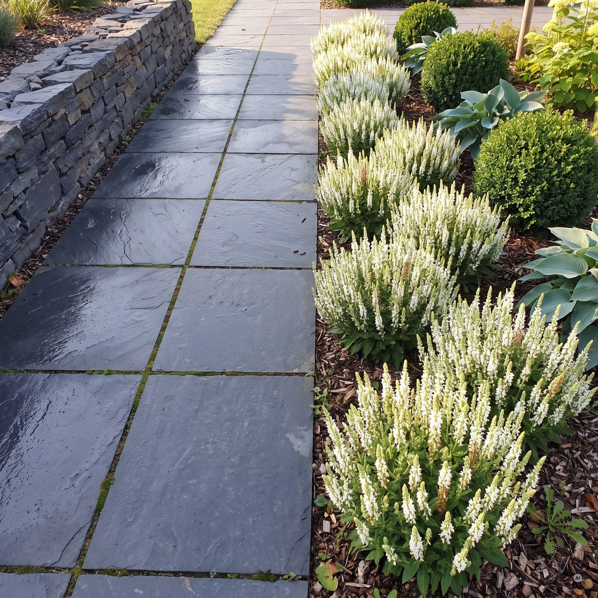 Kompakte Horste von 'Sensation White' als Einfassung eines Weges aus Schieferplatten, dahinter Ilex-Kugeln und Funkien