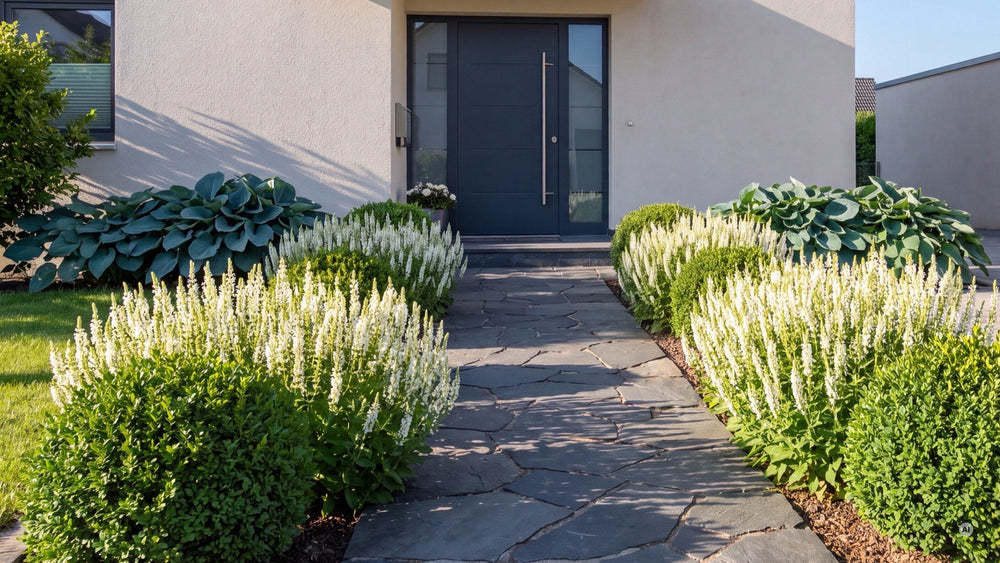 Sonniger Vorgarten mit 'Sensation White' zwischen Ilex-Kugeln und Funkien