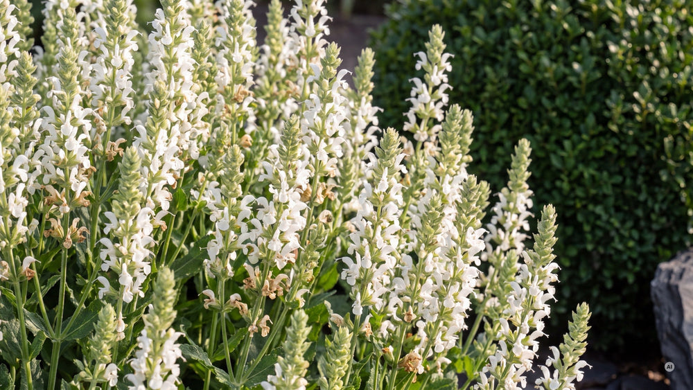 Dichte weiße Kerzen von 'Sensation White' im Morgenlicht neben einer Ilex-Kugel