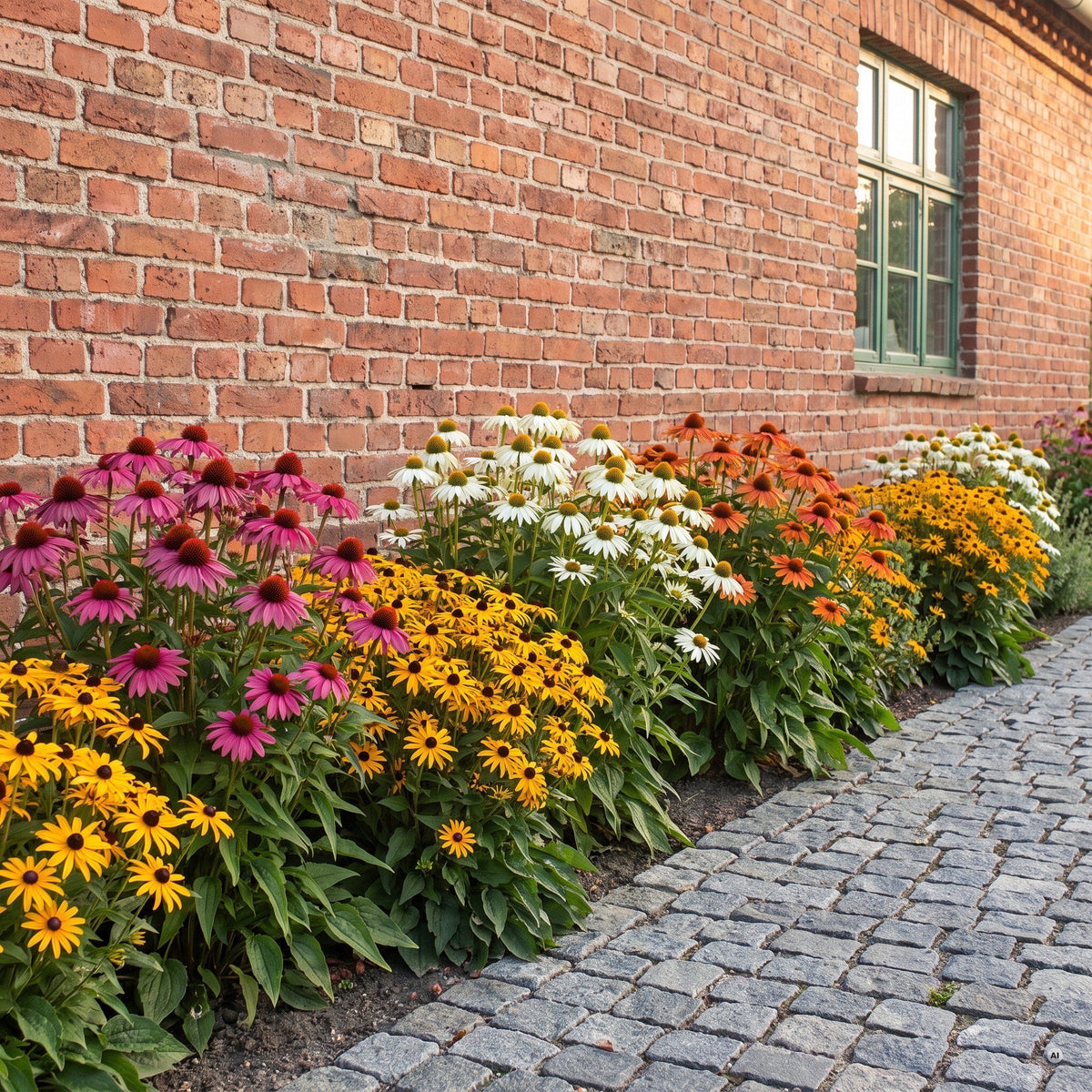 Langes Beet an einer Backsteinwand mit Sonnenhüten in Pink, Weiß, Orange und Goldgelb an einem Pflasterweg