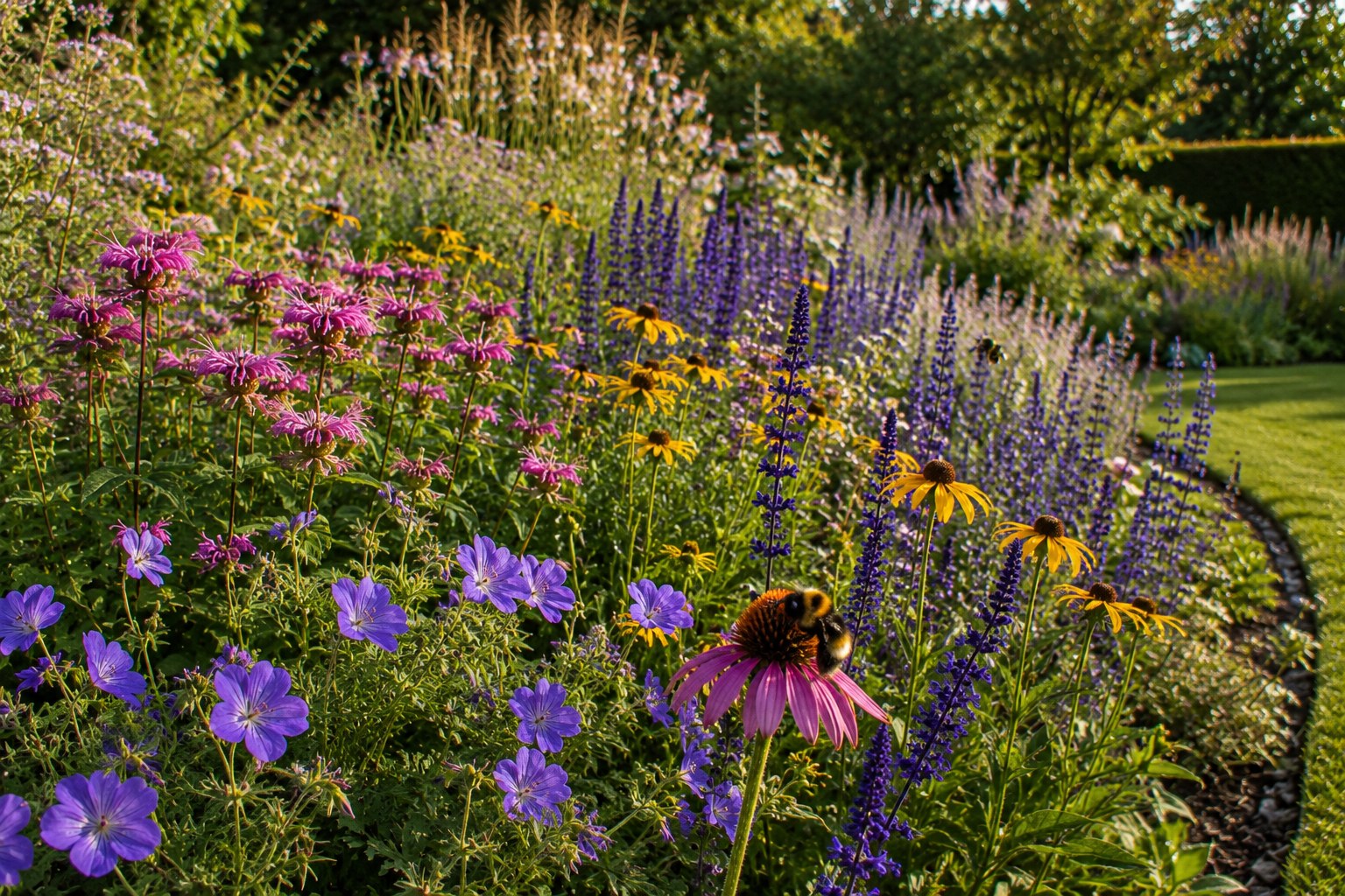 Naturnaher Staudengarten als Bienenweide mit Echinacea und Salbei