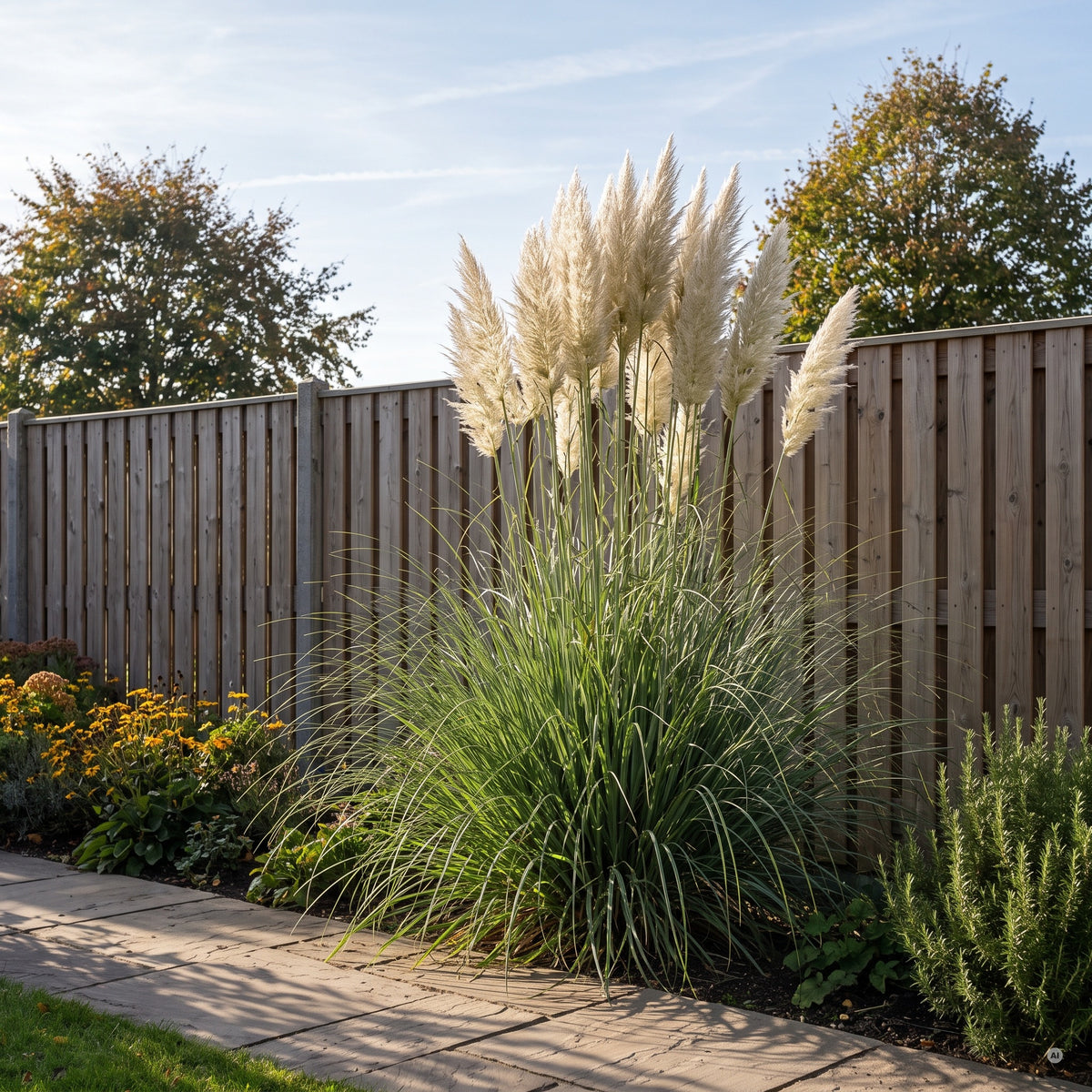Cortaderia selloana 'Sunningdale Silver', Silbernes Pampasgras, als Solitär im Staudenbeet vor einem 180 cm hohen Holzzaun, Stauden Gänge