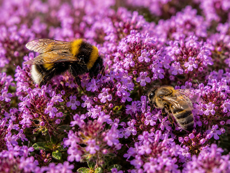Hummeln und Bienen auf den purpurroten Blüten des Teppich-Thymians 'Red Carpet'