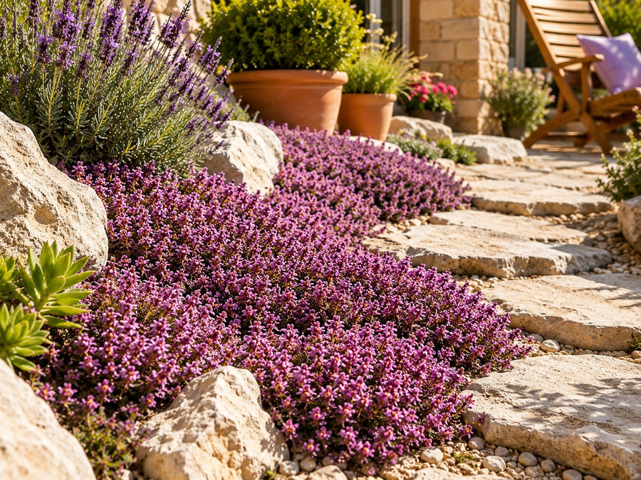 Teppich-Thymian 'Red Carpet' im sonnigen Steingarten zwischen hellen Steinen