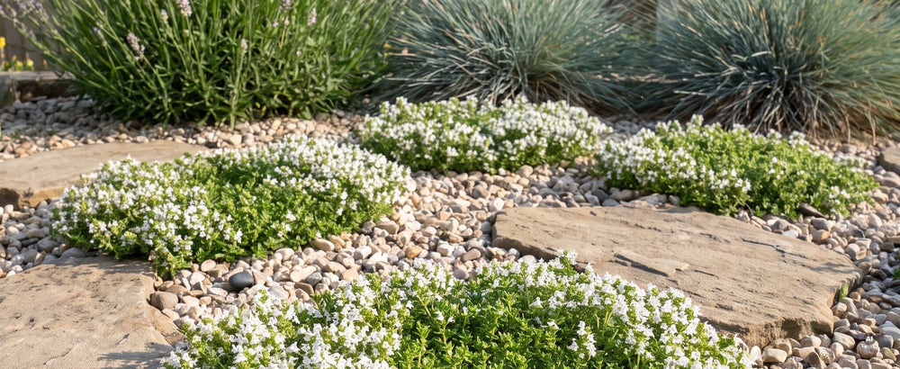 Weiß blühende Thymianpolster im sonnigen Kiesbeet vor Lavendel und Blauschwingel