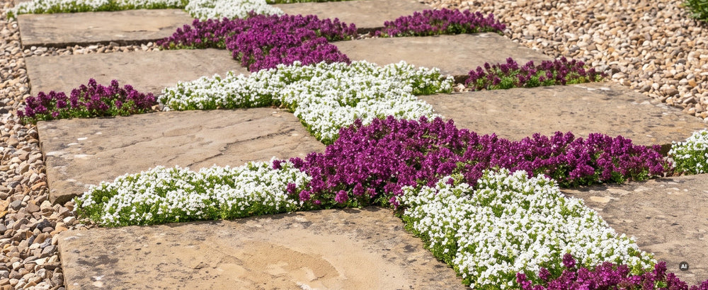 Trittsteine im Kies, in den Fugen 'Wirral White' in Weiß und 'Red Carpet' in Purpurrot