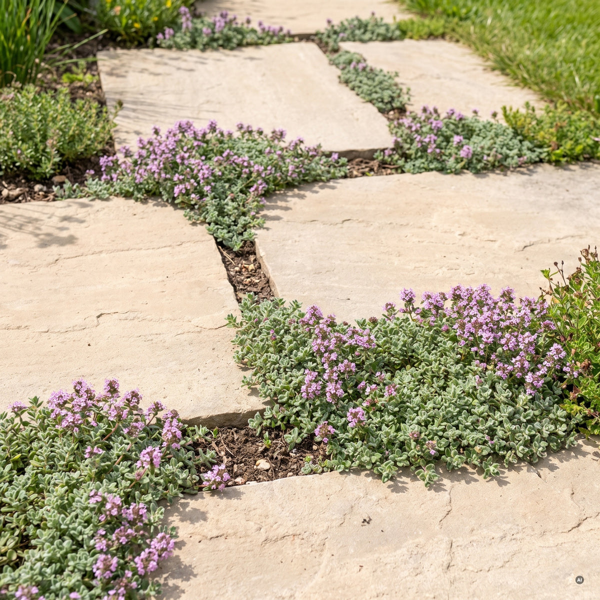 Thymus praecox 'Pseudolanuginosus' wächst flach in den Fugen eines Natursteinwegs