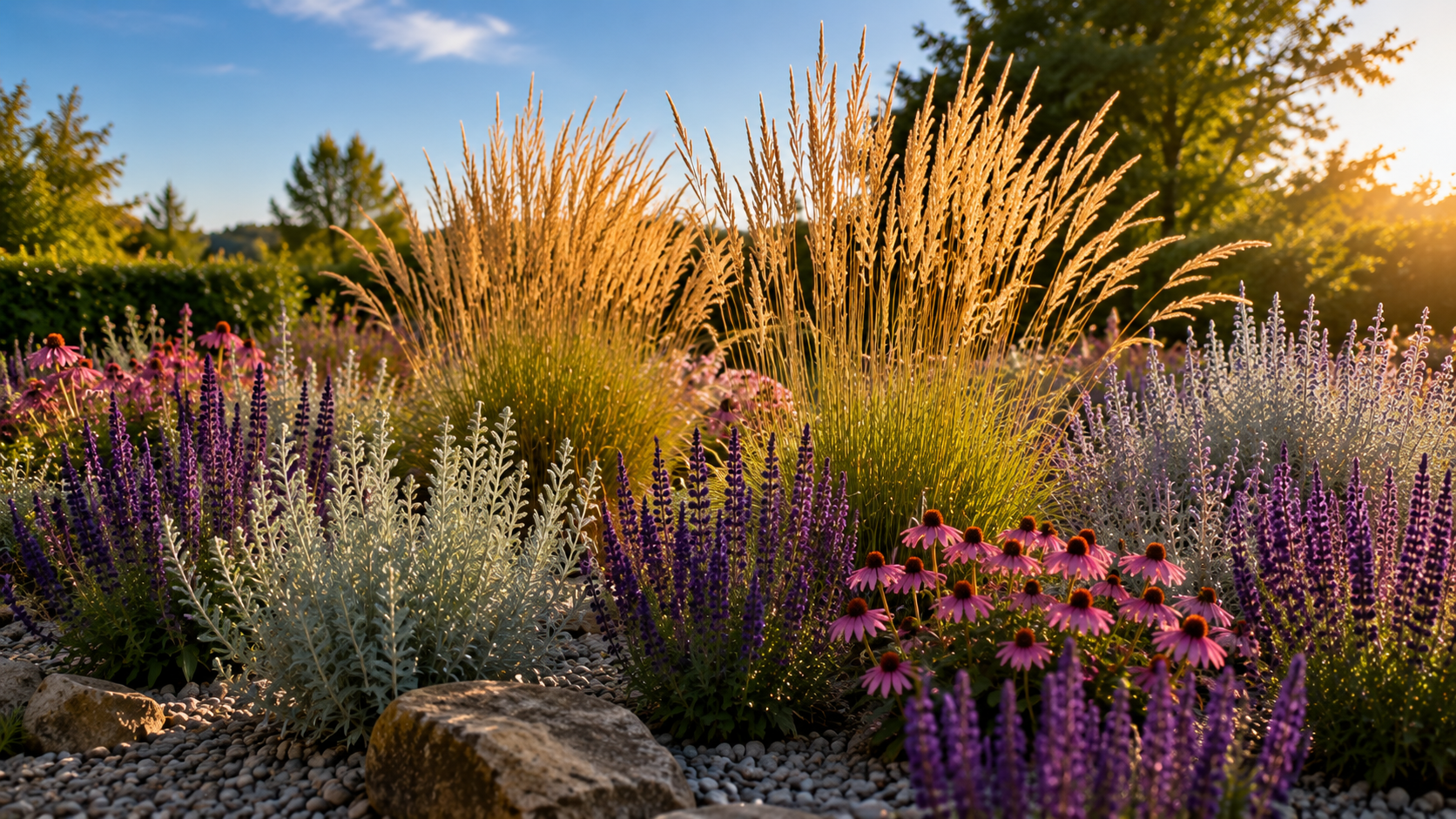 Trockenheitsresistenter Garten: blühendes Kiesbeet mit Steppensalbei, Federgras und Echinacea in der Sommerhitze
