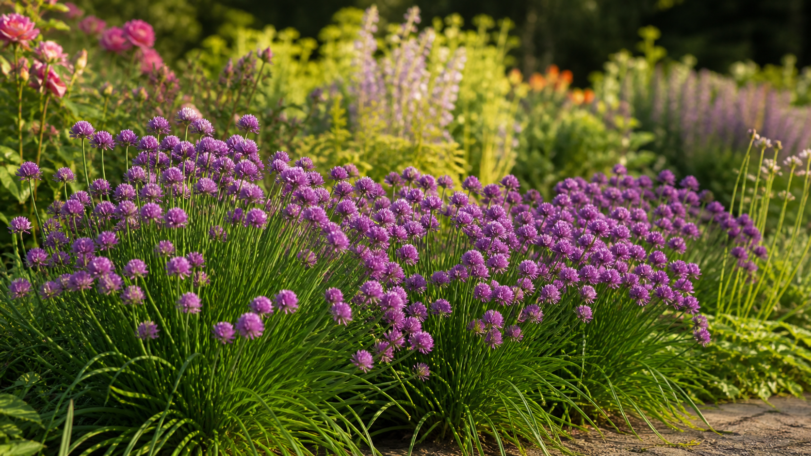 Allium 'Millenium' Zierlauch in voller Blüte im sonnigen Staudenbeet – rosa-violette Blütenkugeln im Hochsommer