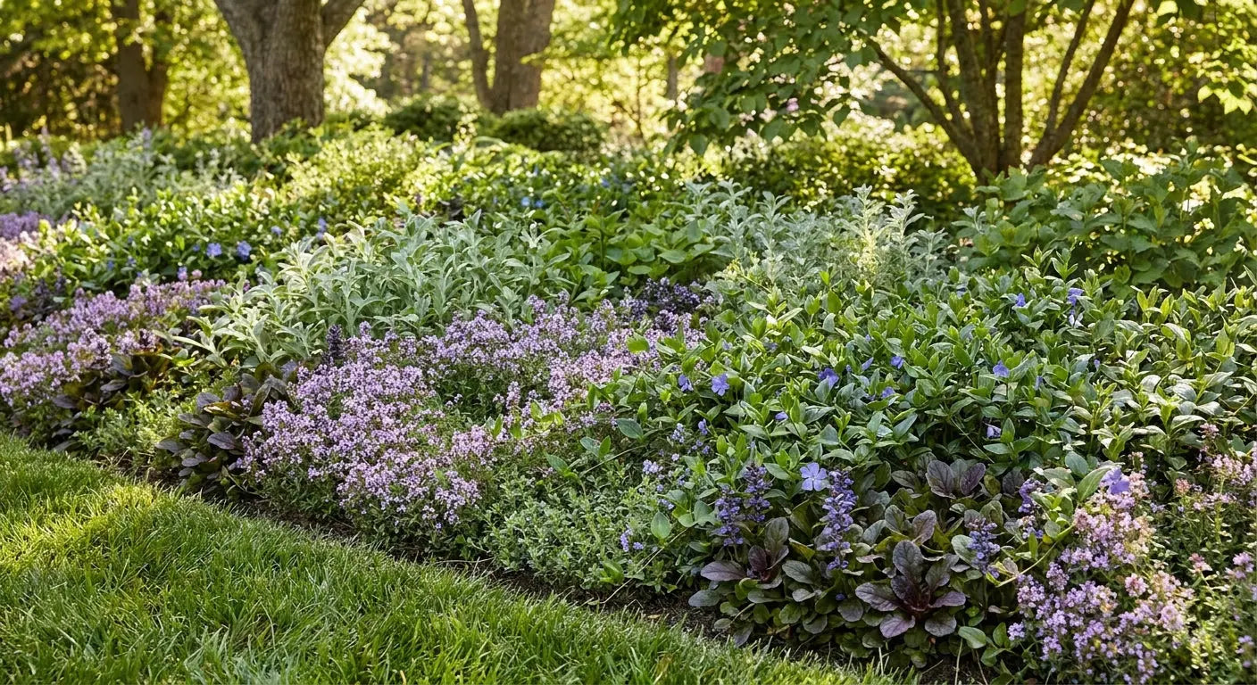 Pflegeleichte Bodendecker statt Rasen: dichter Teppich aus Kriechthymian und Günsel im Garten