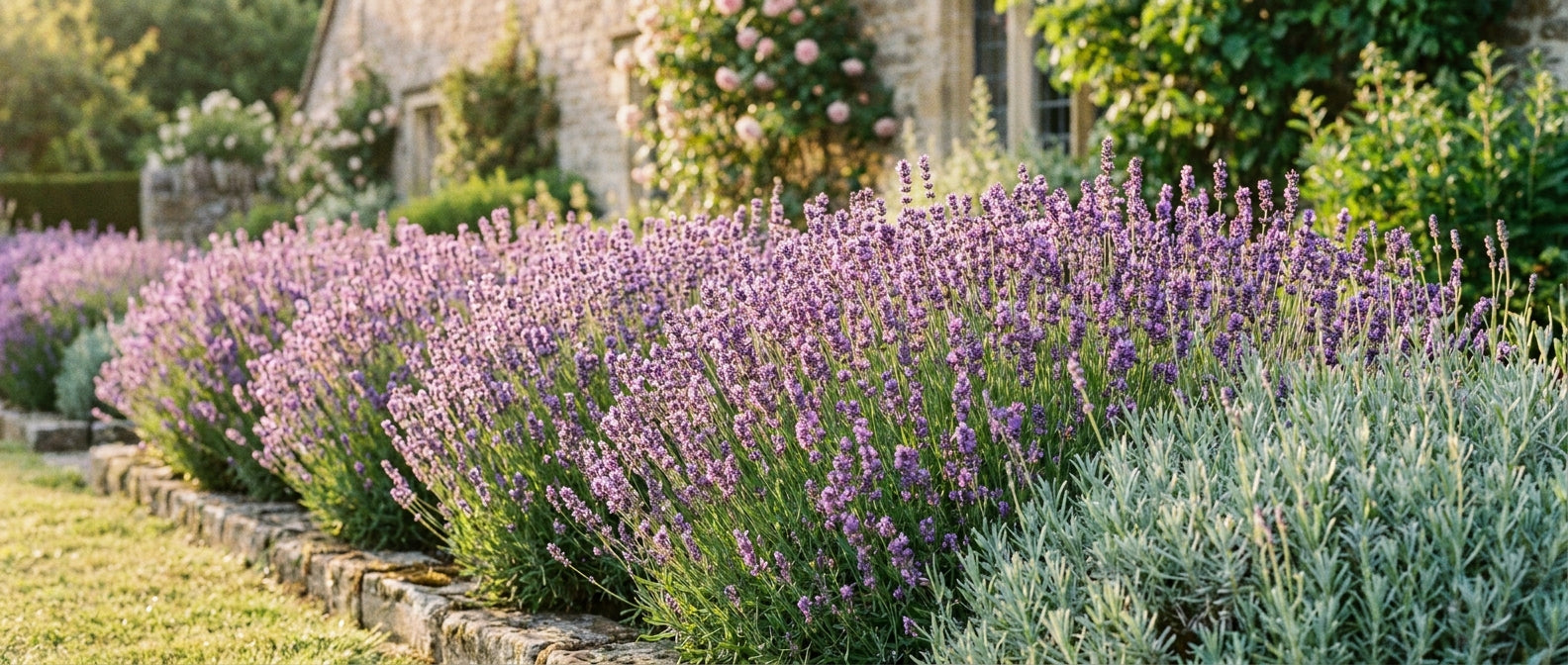 Rows of blooming lavender plants with vibrant purple flower spikes bathed in warm golden afternoon sunlight in a lush cottage garden.