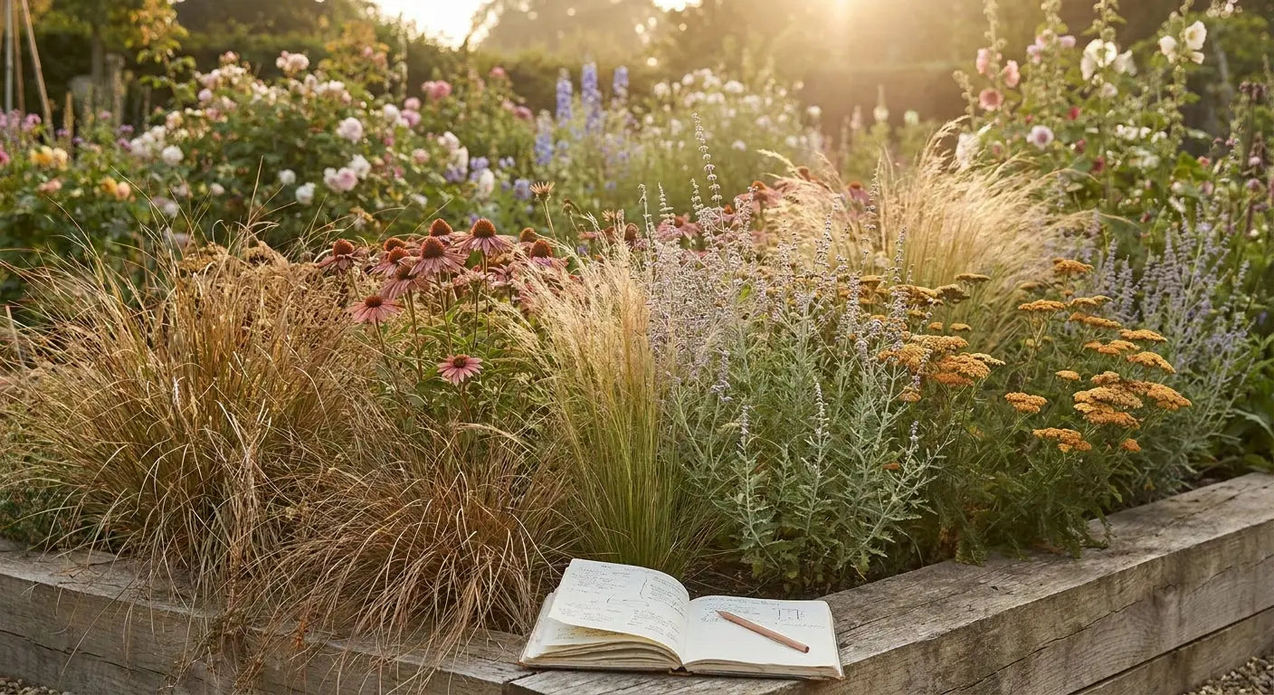 Sommerliches Staudenbeet mit Ziergräsern und Notizbuch auf der Hochbeetkante - Gartenplanung für Herbst- und Frühjahrsbeet
