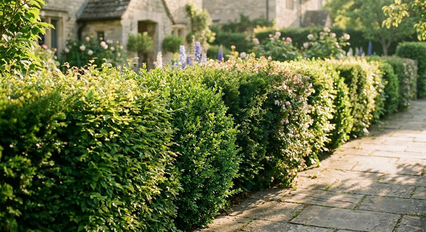 A beautifully maintained mixed garden hedge with varied green foliage textures lining a sunlit garden path in warm morning light.
