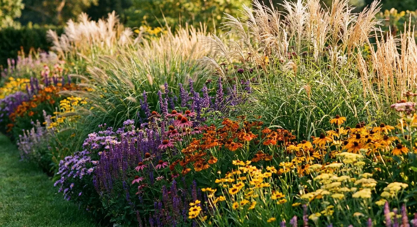 Hochsommer-Beet mit trockenheitsverträglichen Stauden und Gräsern in voller Blüte bei Sonnenlicht