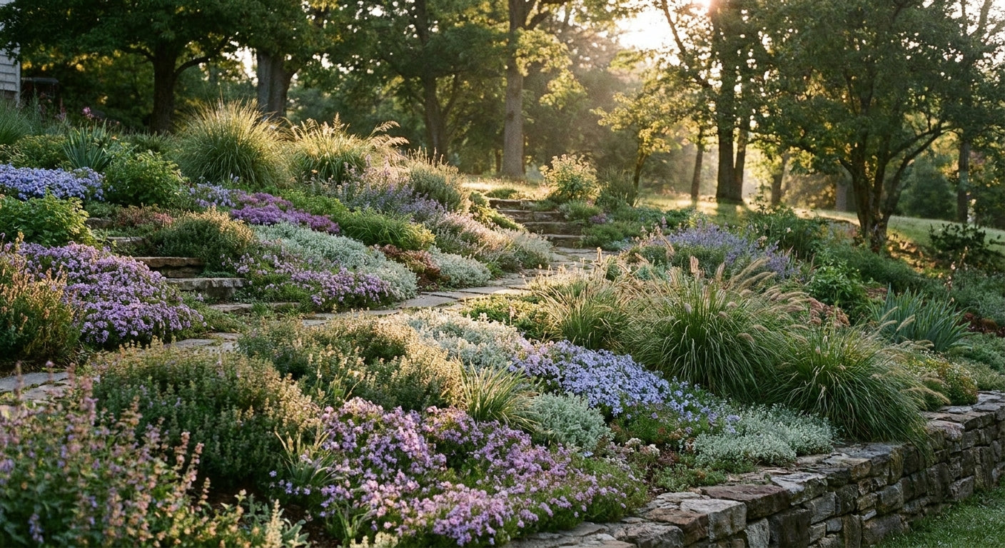 A densely planted garden slope covered in flowering ground cover perennials and ornamental grasses cascading down a gentle hillside in warm afternoon sunlight.