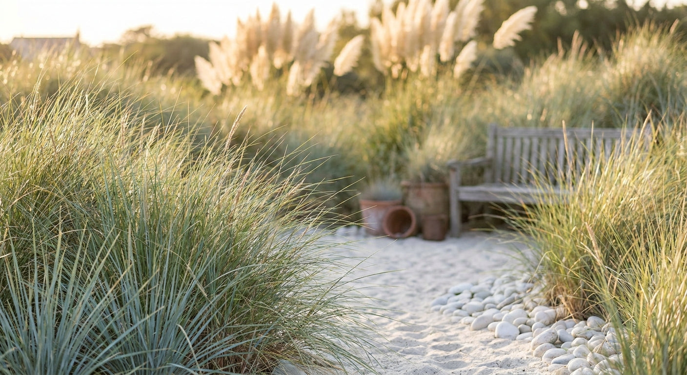 A sun-lit coastal-style garden featuring marram grass, blue-grey lyme grass, and tall pampas grass plumes surrounded by pale gravel, evoking a natural dune landscape.
