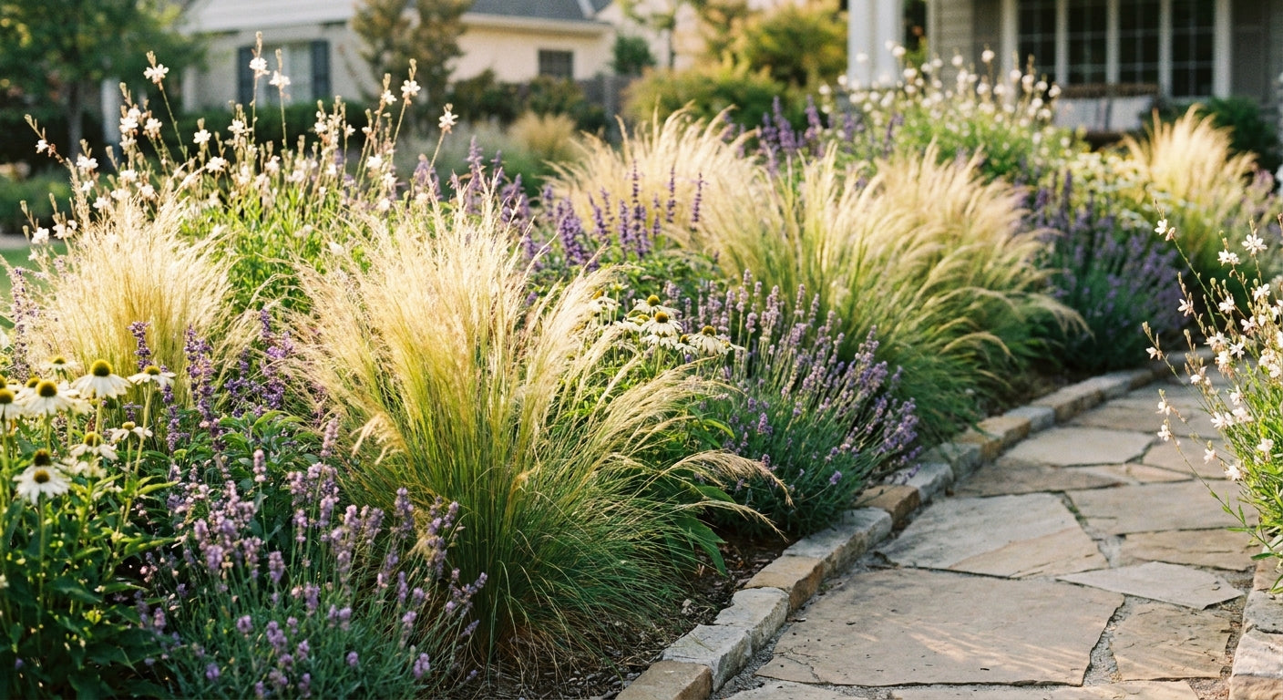 A lush front garden bed with ornamental grasses and purple and white perennials lining a residential stone path in warm afternoon light.