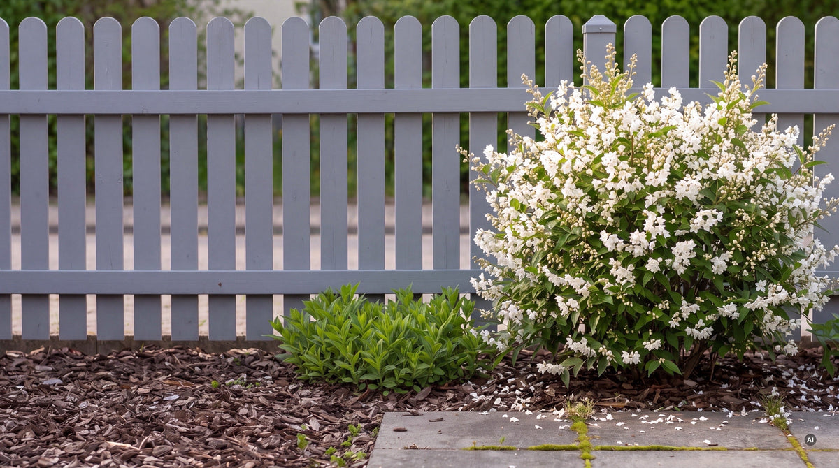 Deutzia gracilis – Zierliche Deutzie in voller weißer Blüte vor einem grauen Lattenzaun im Mai