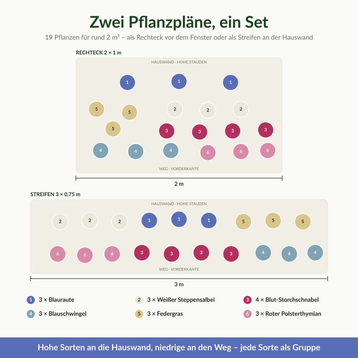 Zwei Pflanzpläne für das Vorgarten-Set: Rechteck 2 × 1 m und Streifen 3 × 0,75 m mit Position der 19 Pflanzen in sechs Sorten
