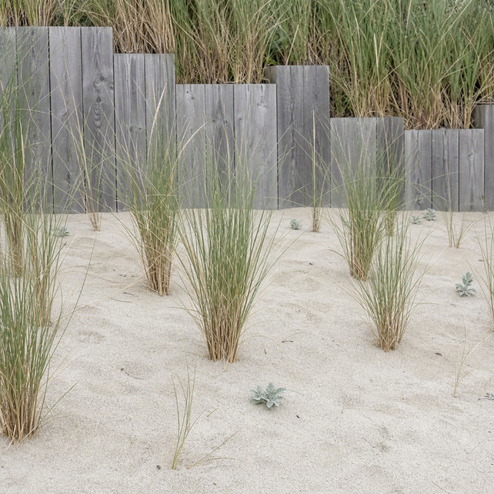 Strandhafer im Sand vor einer Wand aus Holzpalisaden