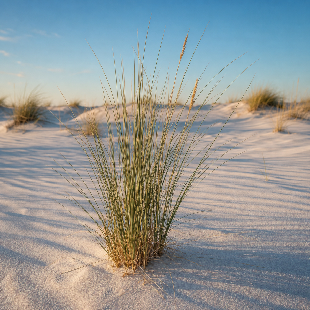 Einzelner Strandhafer-Horst in der Düne im warmen Abendlicht