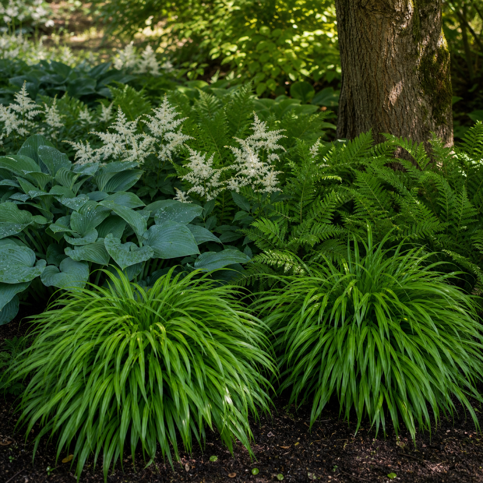 Japanisches Berggras im Schattenbeet mit Hosta, Astilbe und Farn unter einem Baum
