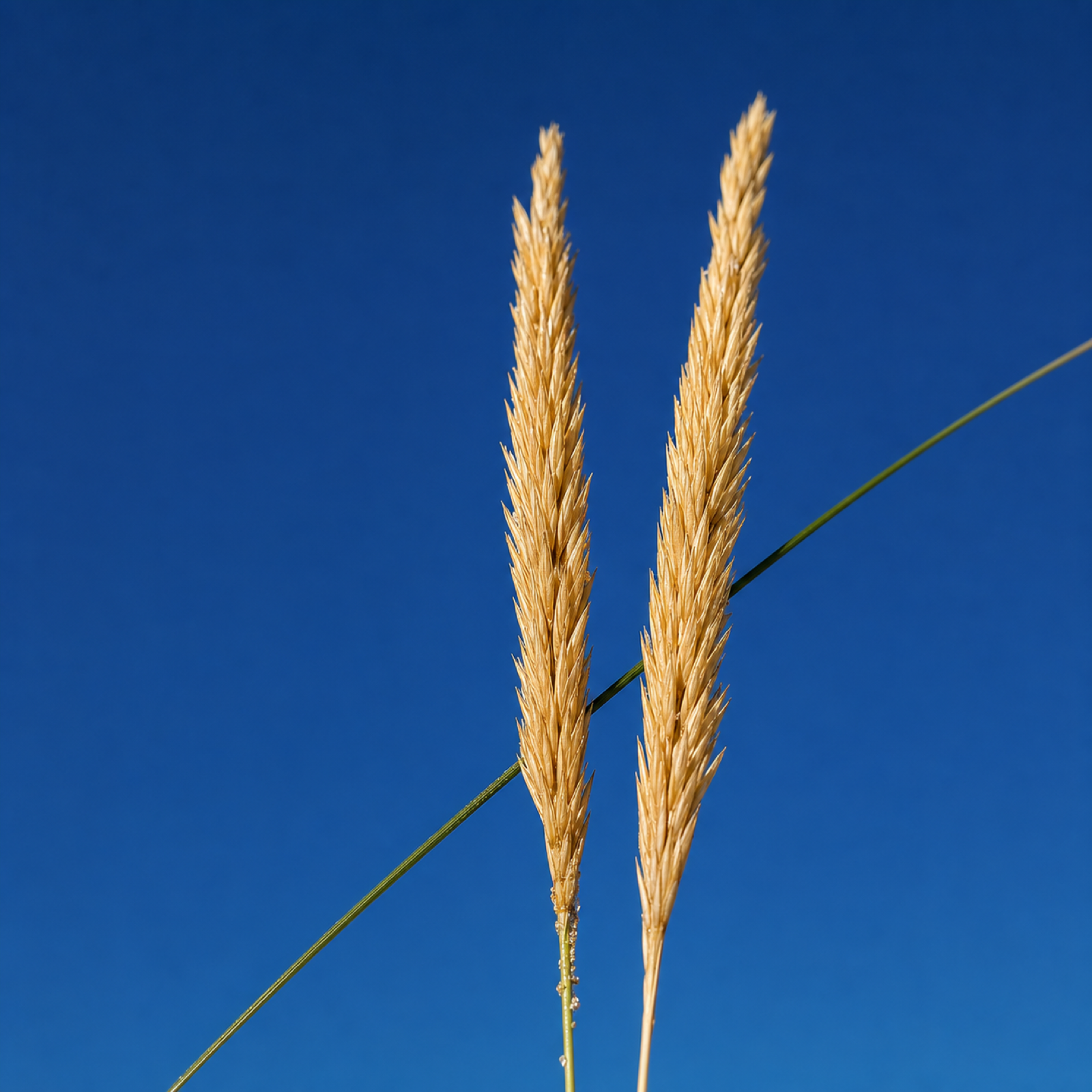 Zwei goldbeige Blütenähren des Strandhafers vor blauem Himmel
