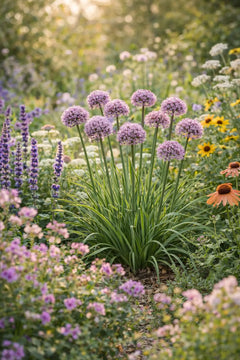 Blühende Allium ‚Kleiner Saphir‘ Staude von Stauden Gänge mit blauen Blüten in einem Garten, Nahaufnahme der Zierlauch-Pflanze