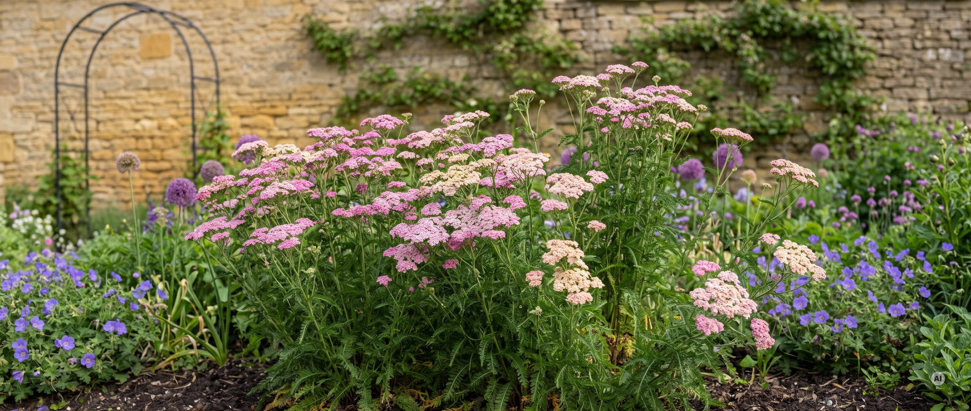 Schafgarbe 'Appleblossom' mit zartrosa Dolden vor einer Sandsteinmauer