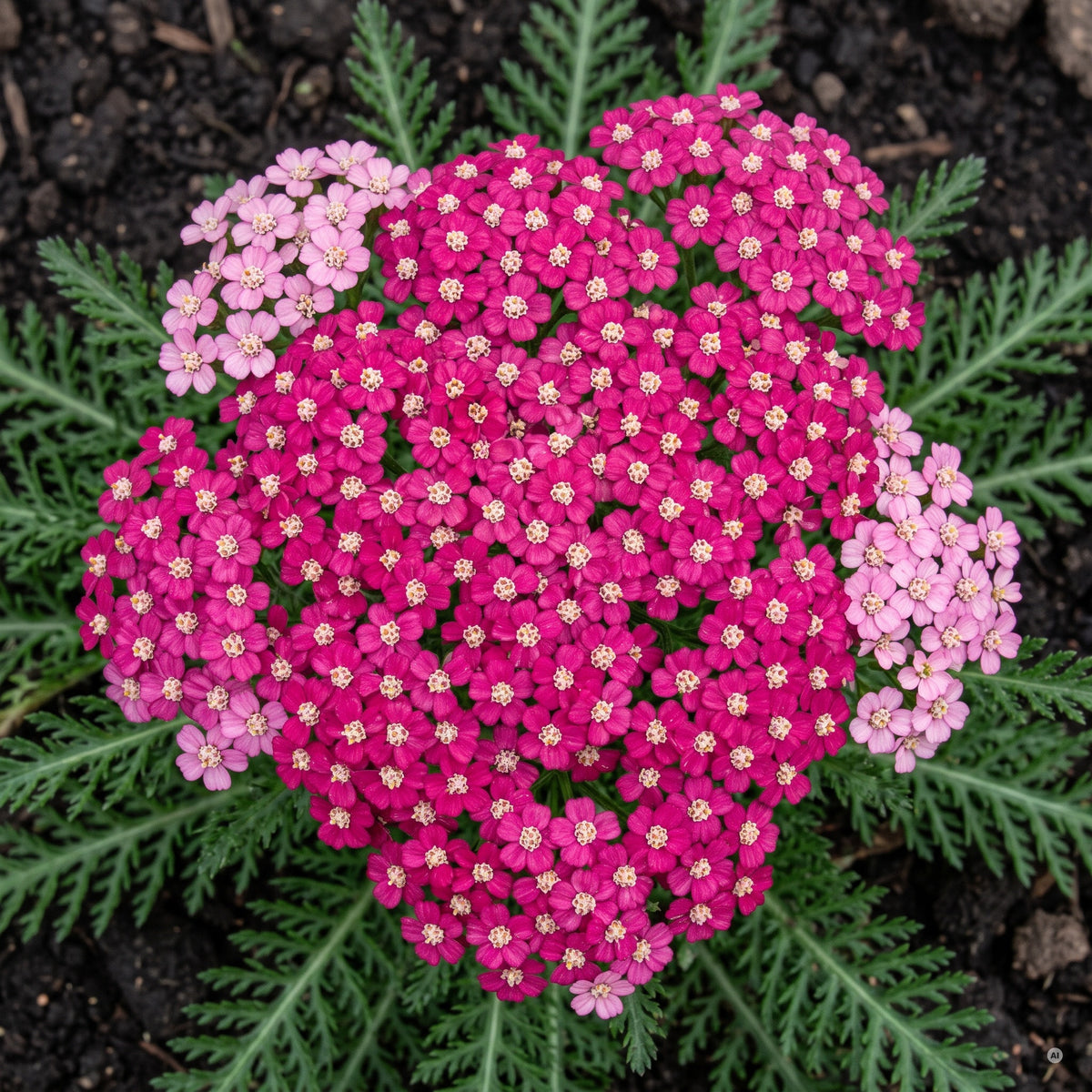 Schafgarbe 'Cerise Queen' – flache kirschrosa Dolde über dunkelgrünem Laub, Nahaufnahme