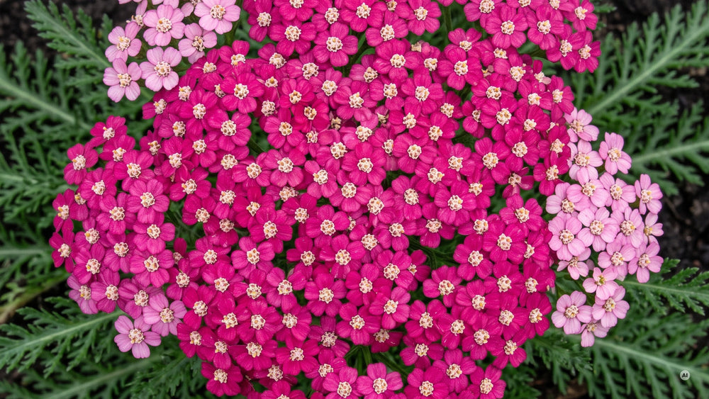 Flache kirschrosa Dolde von 'Cerise Queen' über dunkelgrünem Laub