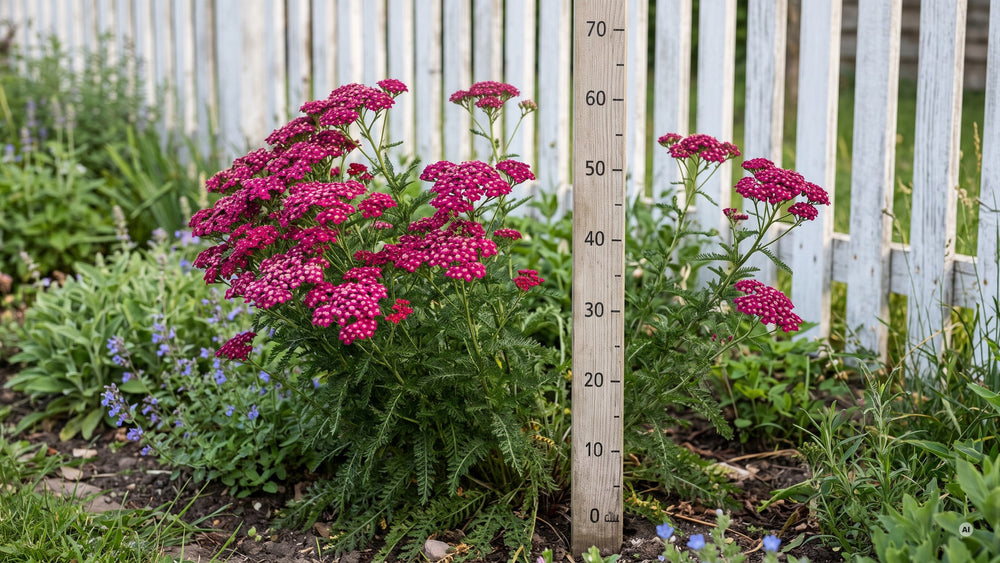 Blühende 'Cerise Queen' neben einem Messpfahl, etwa 55 cm hoch