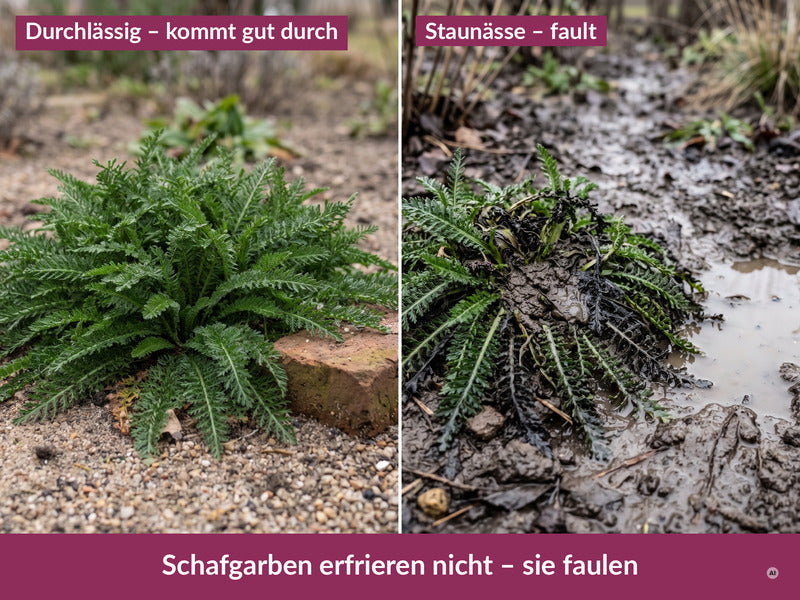 Links durchlässiger Kies, rechts Staunässe im Lehmbeet