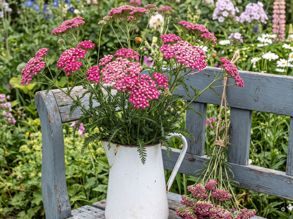 Strauß aus 'Cerise Queen' in einer Emaillekanne