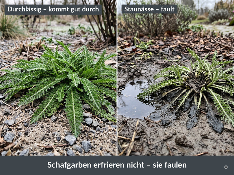 Links durchlässiger Kies, rechts Staunässe im Lehmbeet