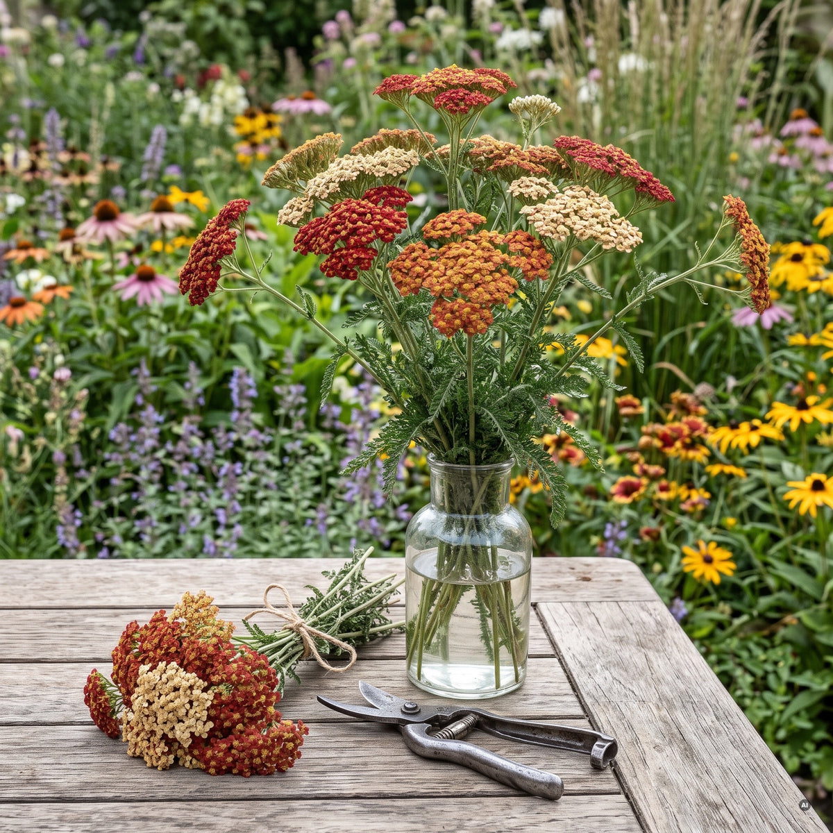 Schafgarbe 'Walther Funcke' – Strauß in der Vase und getrocknete Dolden auf dem Gartentisch