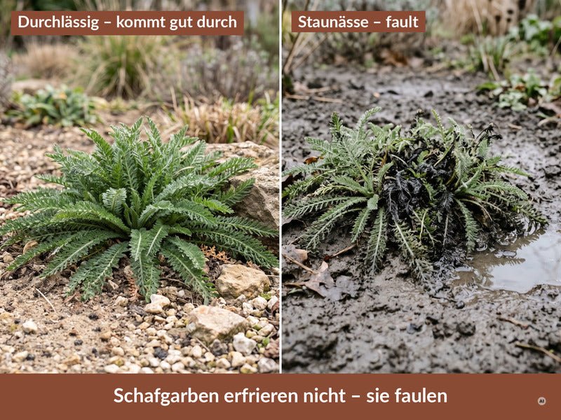 Links durchlässiger Splitt, rechts Staunässe im Lehmbeet
