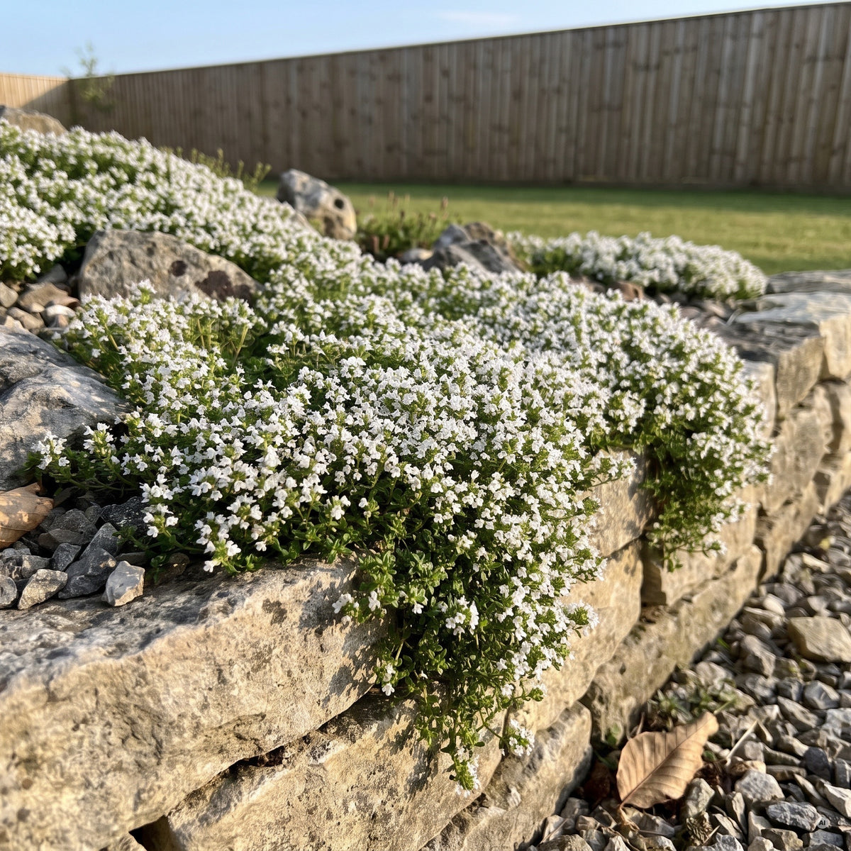 Weiß blühender Polsterthymian auf der Krone einer Trockenmauer im sonnigen Steingarten