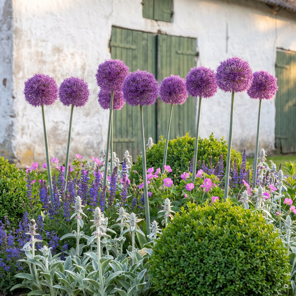 Große lila-violette Blütenkugeln von Allium 'Globemaster' über Wollziest, Steppensalbei, Storchschnabel und Buchskugeln vor einer weißen Scheunenwand