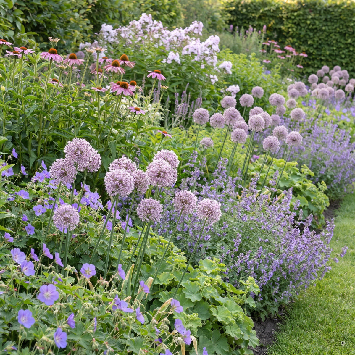 Allium 'In Orbit' in einer Staudenrabatte am Rasenweg zwischen Storchschnabel, Frauenmantel und Katzenminze, dahinter Sonnenhut und Phlox