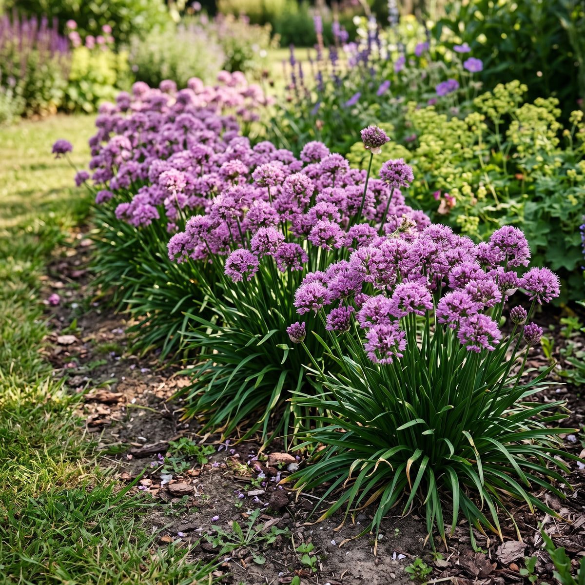 Fünf Pflanzen Allium 'Millenium' als Farbband am vorderen Beetrand