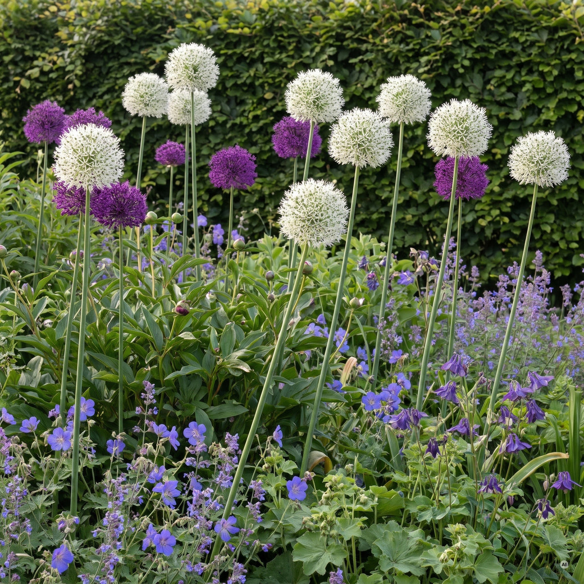 Weiße 'Mount Everest' und violette Riesen-Allium ragen aus einem dichten Staudenbeet mit Storchschnabel, Katzenminze, Pfingstrosen und Akelei