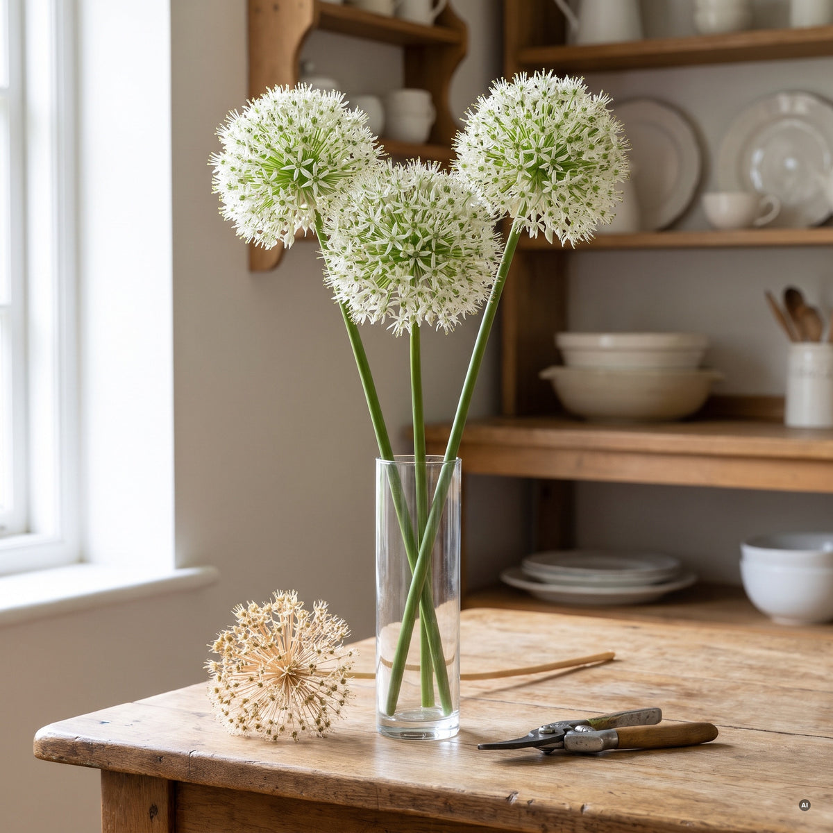 Geschnittene weiße Blütenkugeln von Allium 'Mount Everest' in einer Glasvase auf einem Eichentisch, daneben eine getrocknete Samenkugel