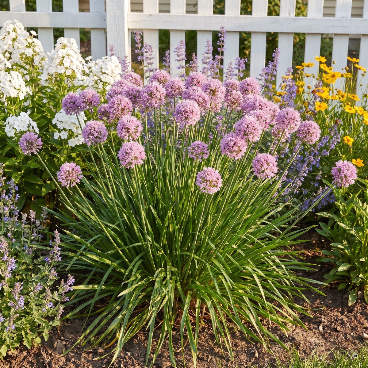 Breiter Horst Zierlauch Allium 'Summer Beauty' mit vielen zart lavendelrosa Blütenkugeln vor einem weißen Staketenzaun, daneben Phlox, Katzenminze und Mädchenauge