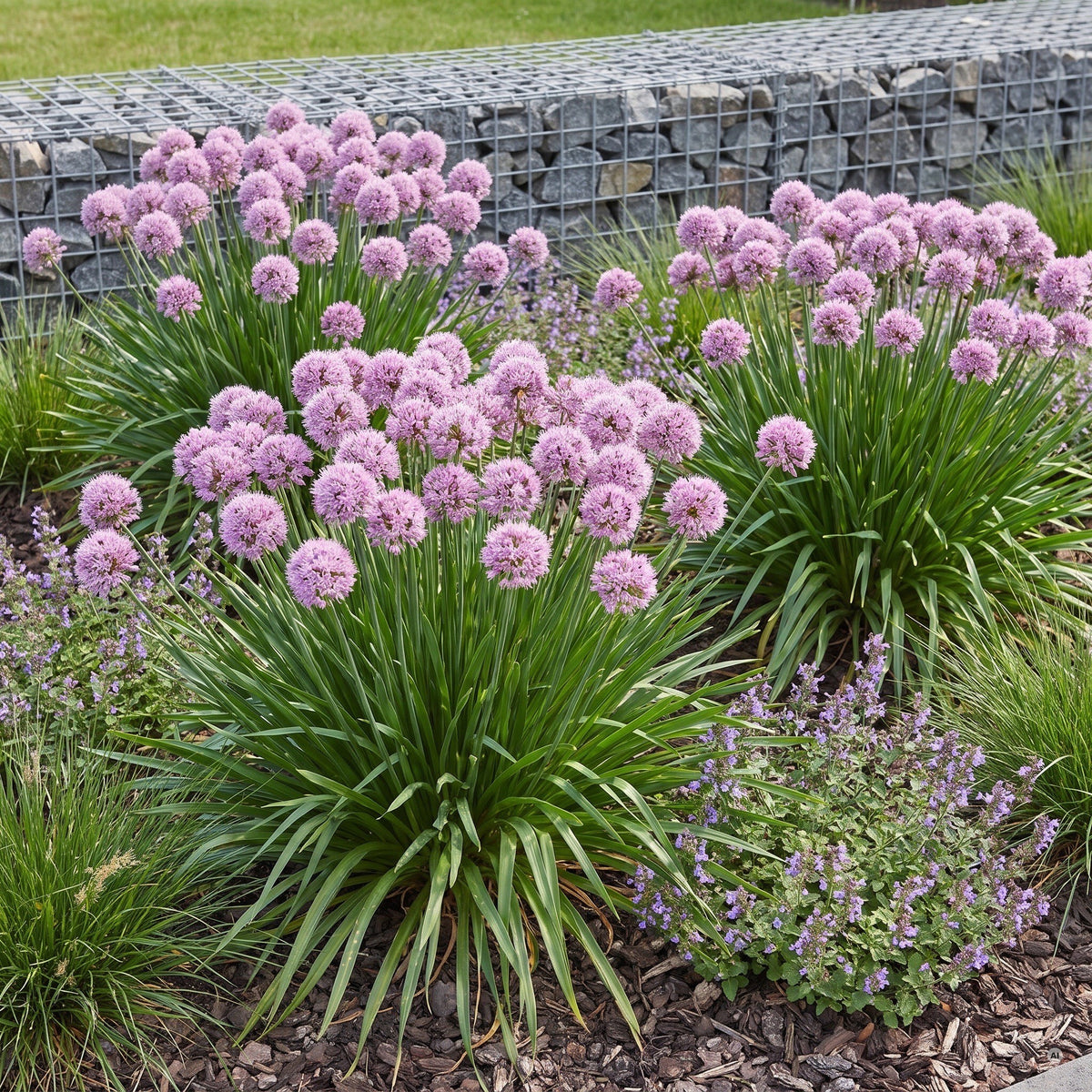 Drei blühende Horste Allium 'Summer Beauty' vor einer Gabionenmauer mit Lampenputzergras