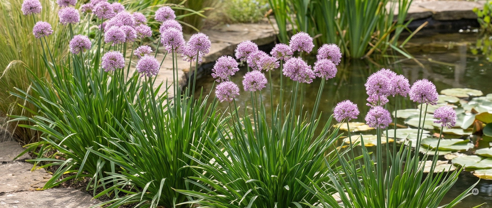 Zierlauch 'Summer Beauty' mit zart lavendelrosa Blütenkugeln am Gartenteich
